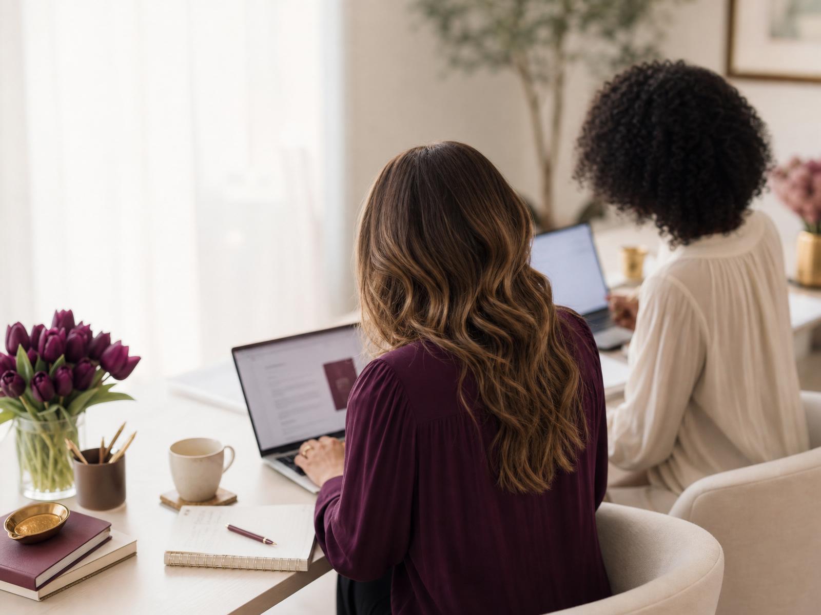 Two women working together at a bright modern desk with laptops, coffee, and plum tulips