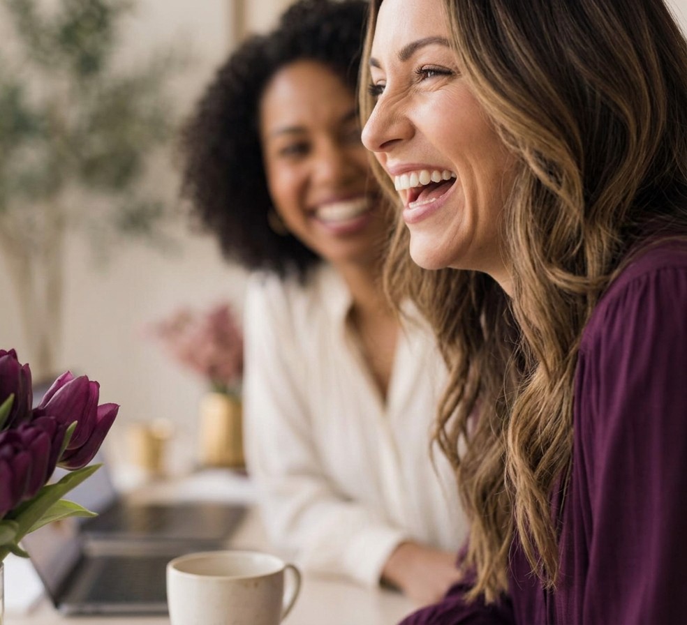 Two women laughing together at a bright workspace with plum tulips and a laptop