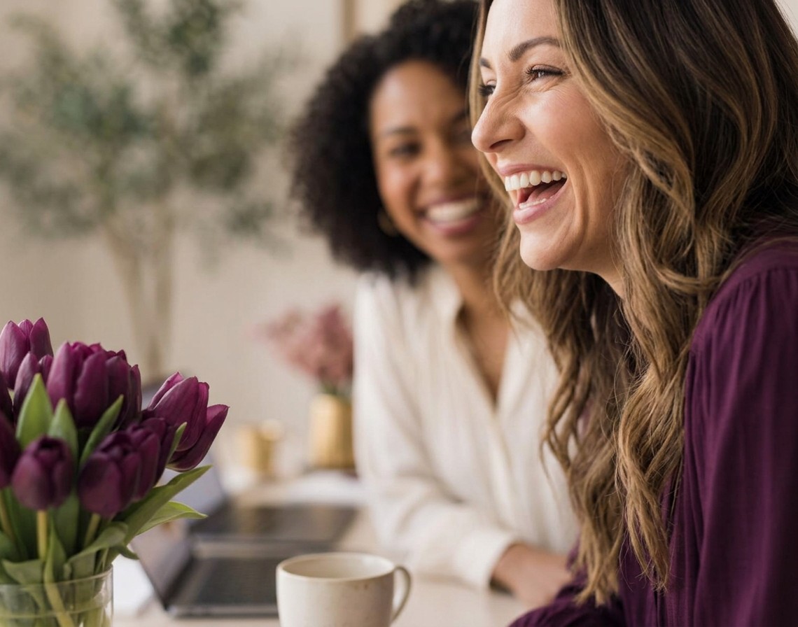 Two women laughing together at a bright workspace with plum tulips and a laptop